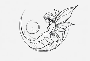 Minimalistic, monochromatic fairy with a tail flying to the left in a fetal position, leaning and looking in the same direction, with visible hands, embodying the 'Fairy Tail' logo aesthetic. tattoo idea