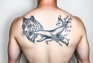 this is a full arm sleeve. All black with a wolf, tiger, whale and fox with sakura branches tattoo idea