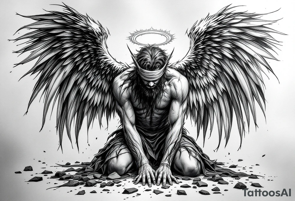 Lucifer Morningstar fallen angels on knees down head looking nonsense dropped hands on ground, 
Blindfold,
While his gratful wings scattered in the sky,
With shining halo tattoo idea