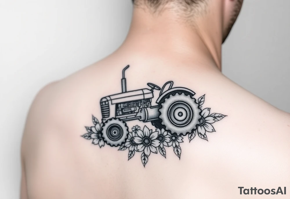 Small 
Dainty behind the ear tractor tattoo surrounded with flowers tattoo idea