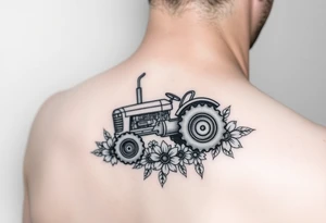 Small 
Dainty behind the ear tractor tattoo surrounded with flowers tattoo idea