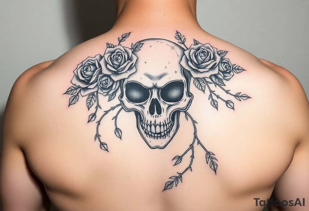gothic skull intertwined with climbing roses and thorny vines tattoo idea