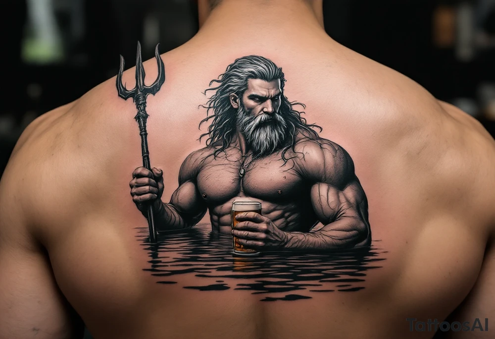 fit poseidon, with a trident, in calm water, holding a beer tattoo idea