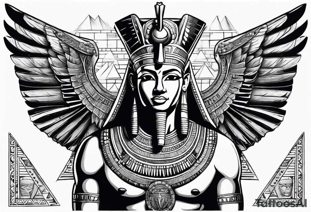 Egyptian god with wings overlooking the pyramids with a goddess face underneath tattoo idea