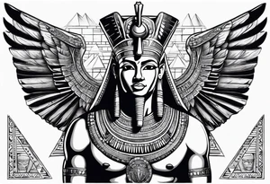 Egyptian god with wings overlooking the pyramids with a goddess face underneath tattoo idea