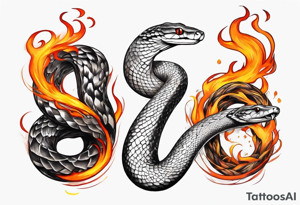 A snake winding it’s way down an arm, the background consumed by flames tattoo idea