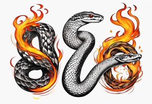A snake winding it’s way down an arm, the background consumed by flames tattoo idea