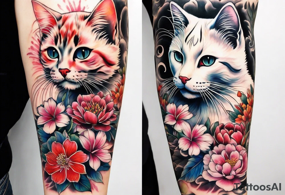 Realistic flower full sleeve with two cats tattoo idea