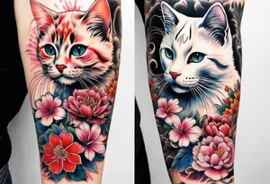 Realistic flower full sleeve with two cats tattoo idea