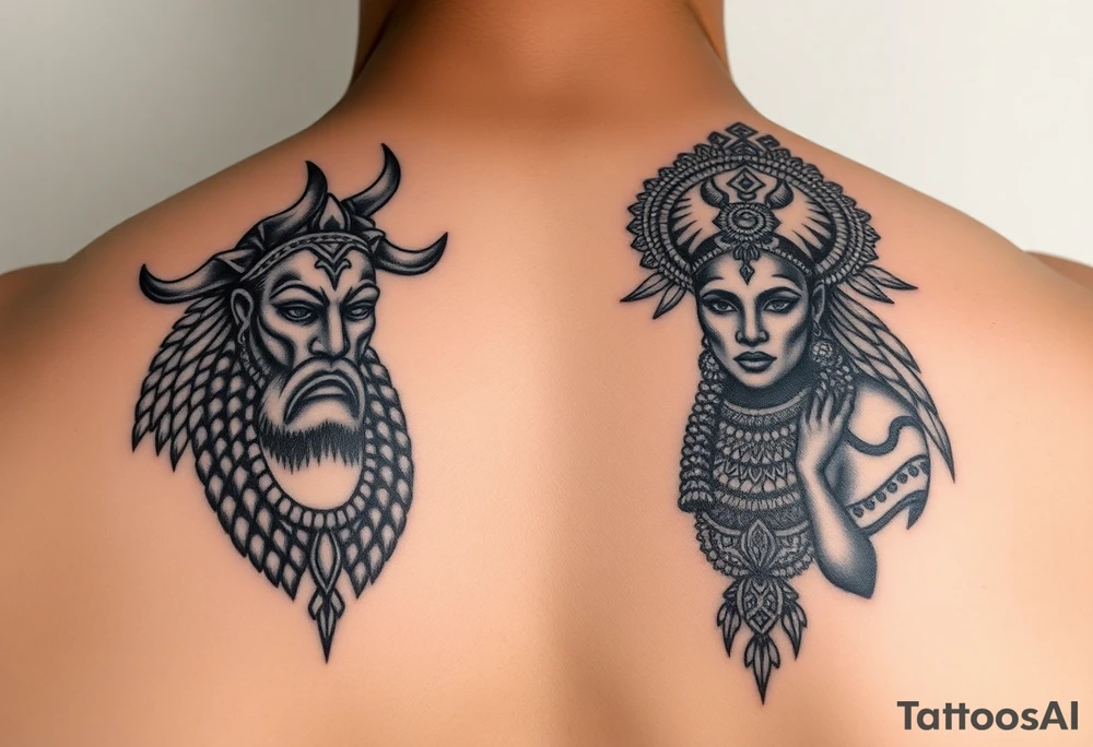 powerful majestic African gods ogun and obatala with goddess oshun tattoo idea