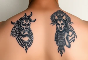 powerful majestic African gods ogun and obatala with goddess oshun tattoo idea