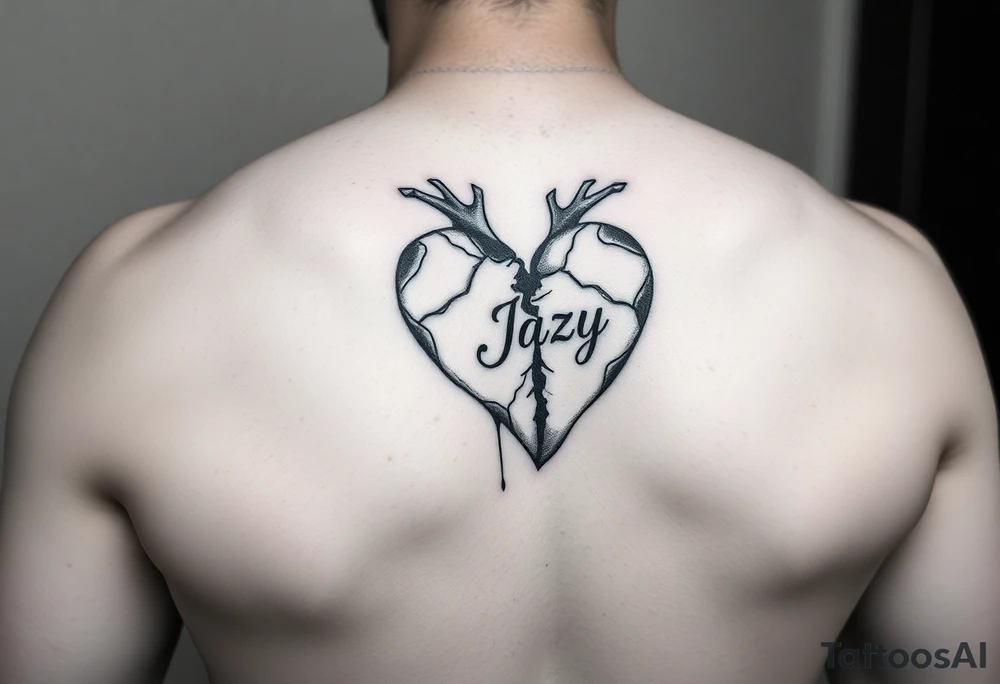 upper arm tattoo -broken heart of a deceased best friend with the name Jazy incorporated tattoo idea