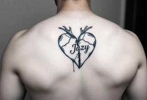 upper arm tattoo -broken heart of a deceased best friend with the name Jazy incorporated tattoo idea