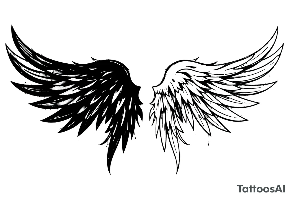 the wings go up

This tattoo design features a pair symmetrical angel wings drawn in black ink with a rough, sketch-like style. The left wing is darker, more defined, and appears denser, while the right wing is lighter, more delicate, and fragmented, creating a contrast between the two. The feathers are sharp and irregular, with fine lines and stray strokes extending outward, adding a raw and artistic feel. The overall look is dynamic and slightly chaotic, giving the impression of movement or an unfinished, ethereal form. This design symbolizes duality, freedom, transformation, or even struggle, making it a meaningful and visually striking tattoo. tattoo idea