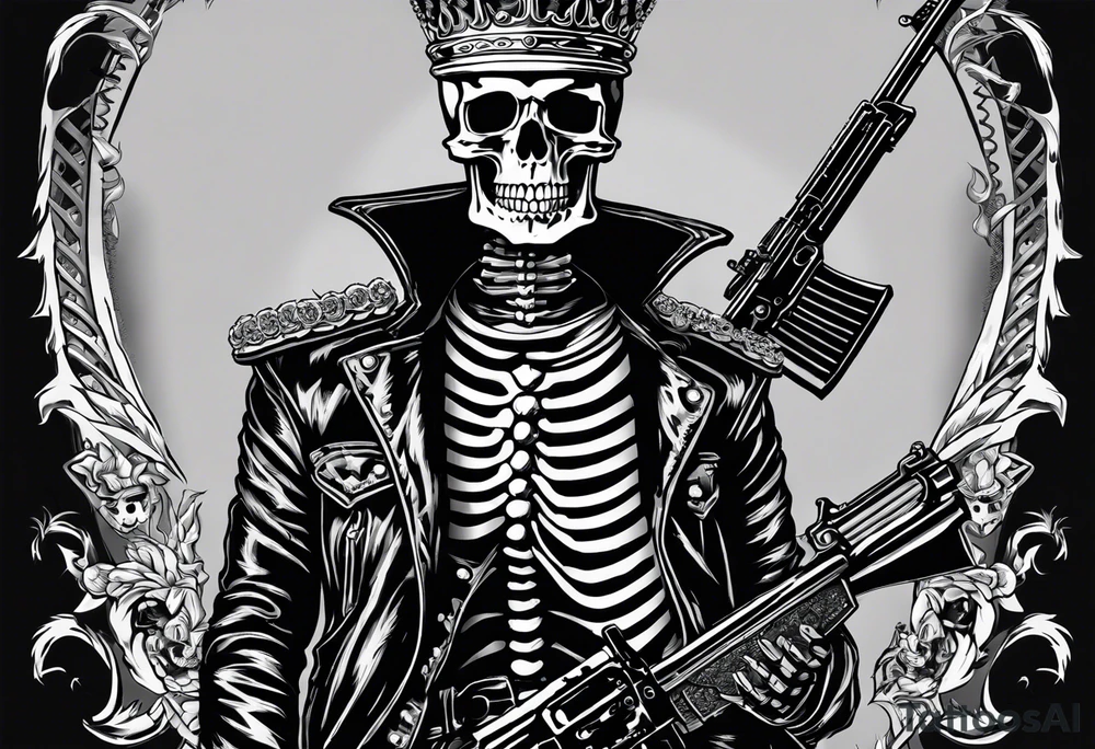 image of a skeleton standing frontally with a crown on his head, holding an AK-47 on his shoulder with his right hand. The chain on the left should be taut, there are three angry barking Dobermans in it, near the waist tattoo idea