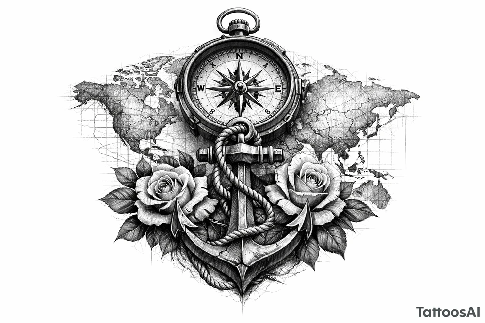 a compass under it an anchor, roses,world map. tattoo idea
