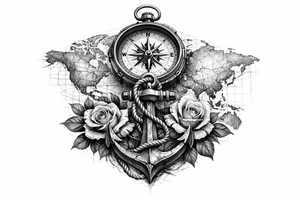 a compass under it an anchor, roses,world map. tattoo idea