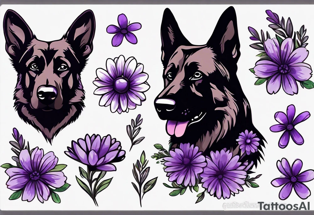 Dark brown, German shepherd with purple daisies tattoo idea