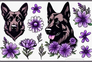Dark brown, German shepherd with purple daisies tattoo idea