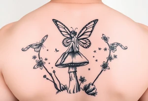 Butterfly fairy sitting on mushroom with fireflies tattoo idea