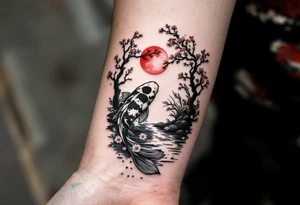 vertical piece
a koi fish swimming UP the stream in a pond moonlight by a red moon with a sakura tree by the pond tattoo idea