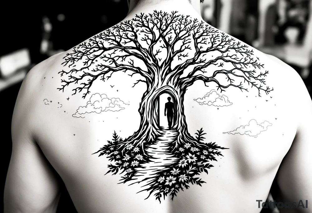 Back tattoo of a big tree with a door and a man walking through the door. On the left draw some fire clouds connecting to the tree, make it a lot. On the right side draw some lines on a treasure map connecting to the tree. Keep the tree in the middle! tattoo idea