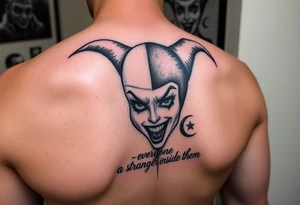 powerful Harley Quinn inspired piece using the quote or based of the idea of the quote “everyone has a stranger inside them” representing madness and genius, light and dark, good and evil tattoo idea