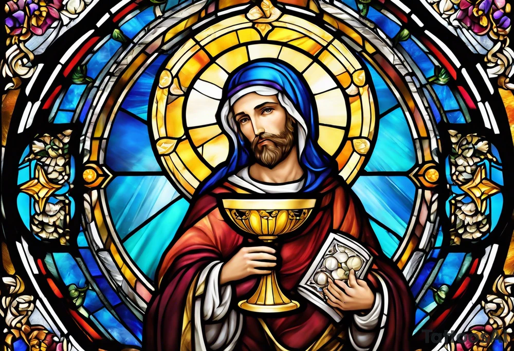 holy saint stained glass holding a chalice tattoo idea