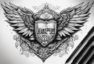 full chest tattoo with multiple scars with wings on the shoulders and the word "hope" tattoo idea