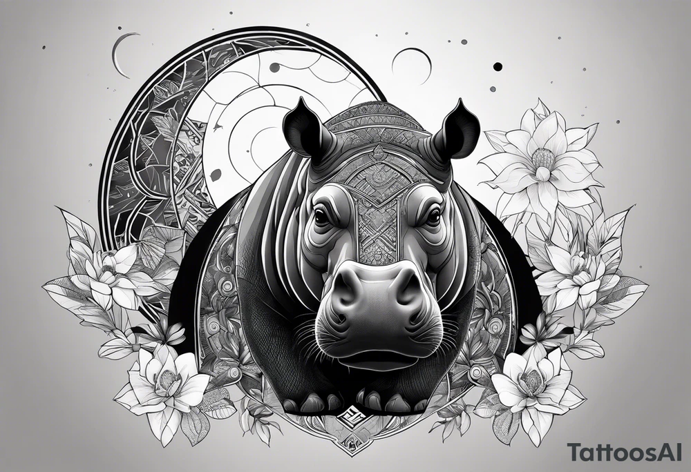 Very asymmetrical, +geometric pattern, with realistic full moon, with hippo at side look, +tribal, +geometric, +inkart , +blackwork, +grey scale
with wintersweet flower bud, +portrait orientation, +inkart touch, tattoo idea