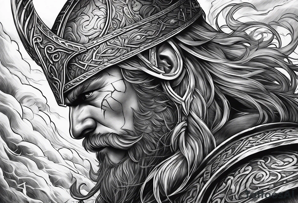 Norse mythology, ultra realism, Viking, war, battle, storm, chaos,  detailed, ragnarok tattoo idea