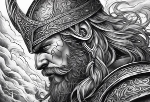 Norse mythology, ultra realism, Viking, war, battle, storm, chaos,  detailed, ragnarok tattoo idea