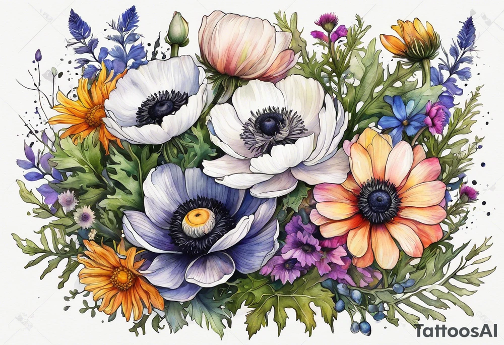 one white anemone with black center in the middle of mixed colorful wildflowers all with different shapes including thistles, ferns, ranuculus, and sun flowers all in watercolor tattoo idea