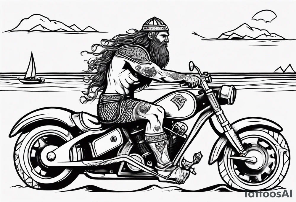 Viking riding a motorcycle along the beach tattoo idea