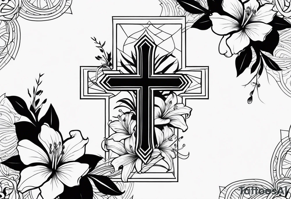 hibiscus and lily flowers in the background with an absent cross overlapping it tattoo idea