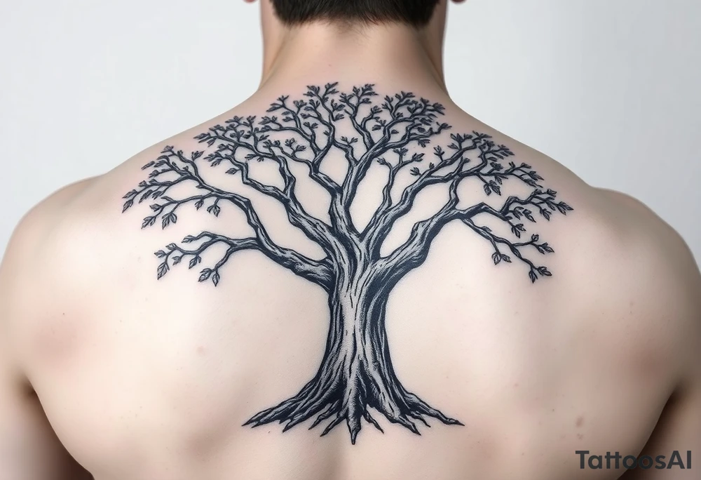 Live oak Tree with bark and leaves tattoo idea