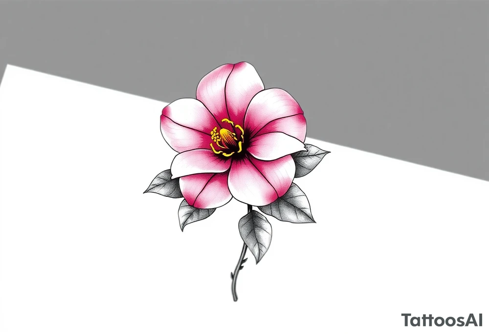 pink camelia flower with leaves and stem tattoo idea