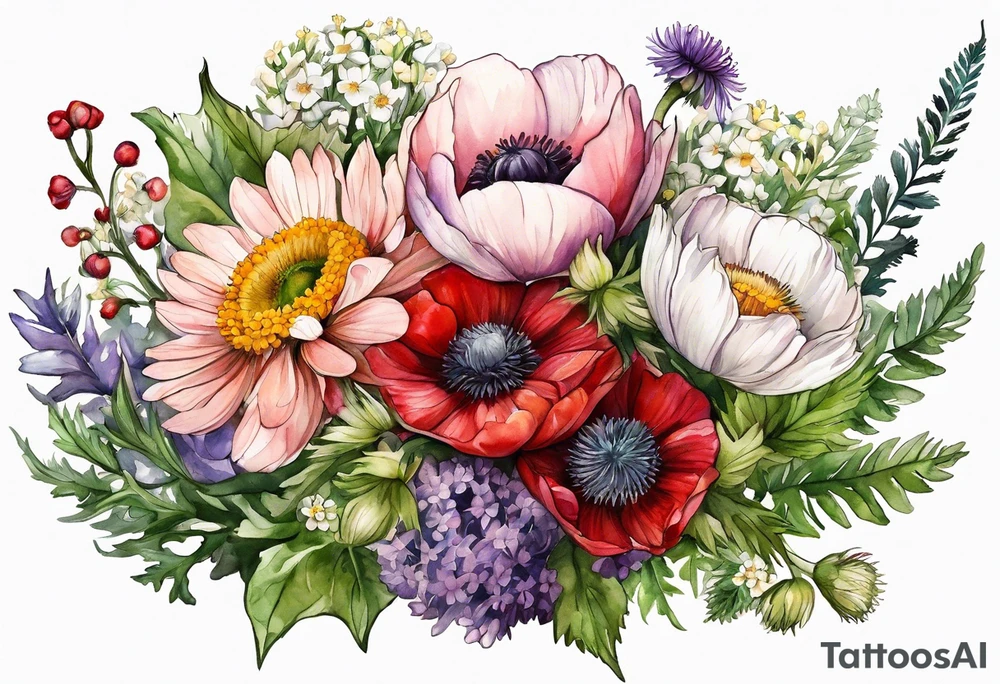 wildflowers with thistles, ferns, ranuculus, white anemones, sun flowers, red flowers, pink flowers, purple flowers, buttercups, babys breath, daisies, and greenery all in watercolor tattoo idea