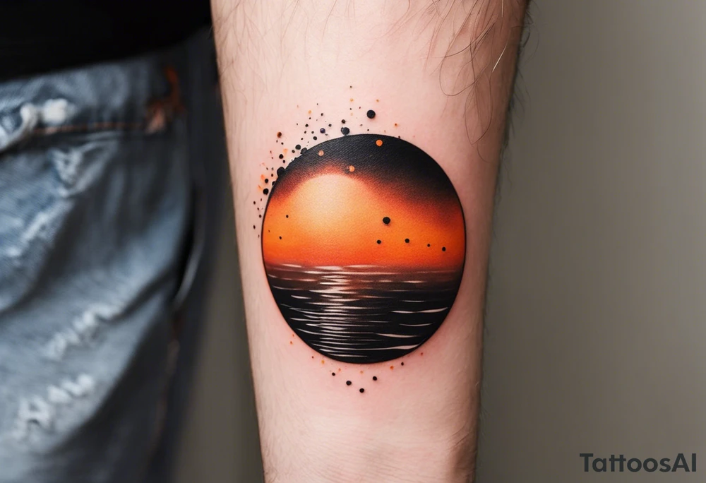 This is an extremely simple and minimalistic tattoo placed on male forearm. It is black and white with tiny splashes of orange from the sun. The tattoo is 4 inches wide by 2 inches tall. From the perspective of being on the ocean, the water is calm, with no waves in sight, the sun is setting behind the ocean, reflecting light onto the water. Most importantly, the tattoo in the shape of a rectangle, 4 inches wide by 2 inches tall. tattoo idea