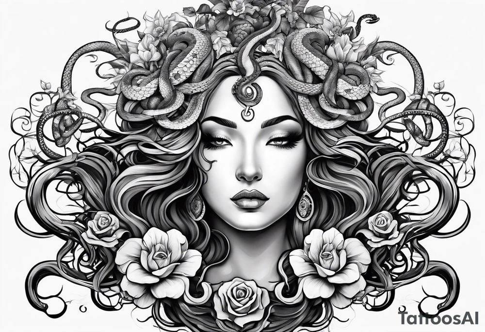 Medusa head with snakes and flowers in hair. tattoo idea