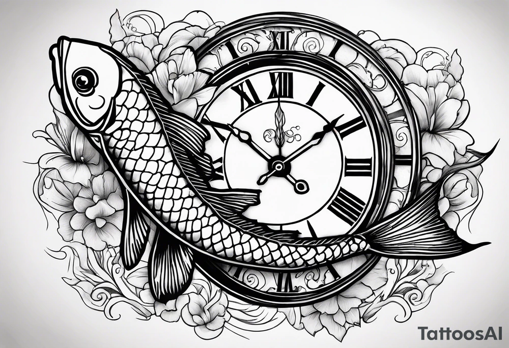 Koi fish and old clock tattoo idea
