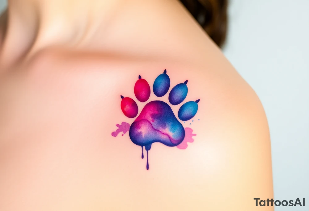 A watercolor-style paw print blending vibrant hues of pink, blue, and purple, creating the shape of a heart tattoo idea