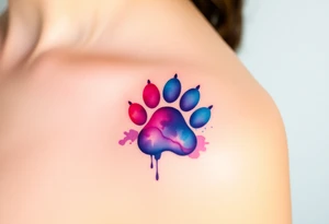 A watercolor-style paw print blending vibrant hues of pink, blue, and purple, creating the shape of a heart tattoo idea