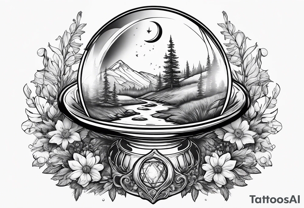 Witch hat balanced on top of a crystal ball sitting on wildflowers tattoo idea