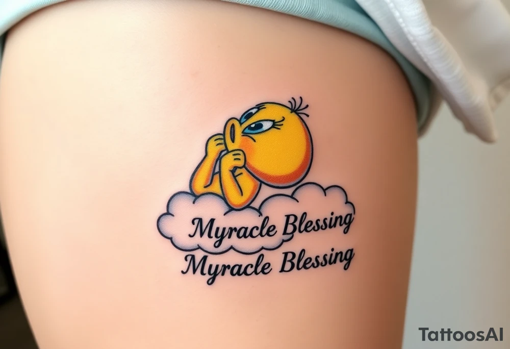 Tweety Bird laying on a cloud with his hands holding up his chin as he's looking up at the sky. Under the cloud in small capital letters is the name Myracle Blessing tattoo idea