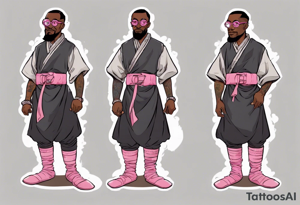 a medieval black man wearing round glasses, wearing a black tunic with a pink belt, wearing grey mukluks tattoo idea