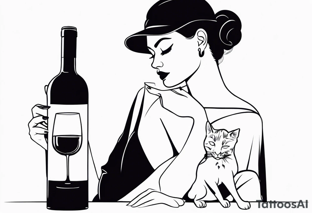 Tatuagem de uma mulher tomando vinho acariciando um gato tattoo idea