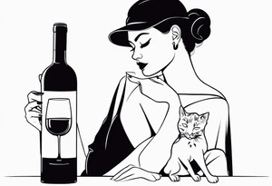 Tatuagem de uma mulher tomando vinho acariciando um gato tattoo idea