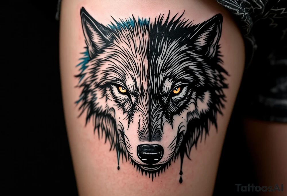 Black wolf face and a white wolf face side by side tattoo idea