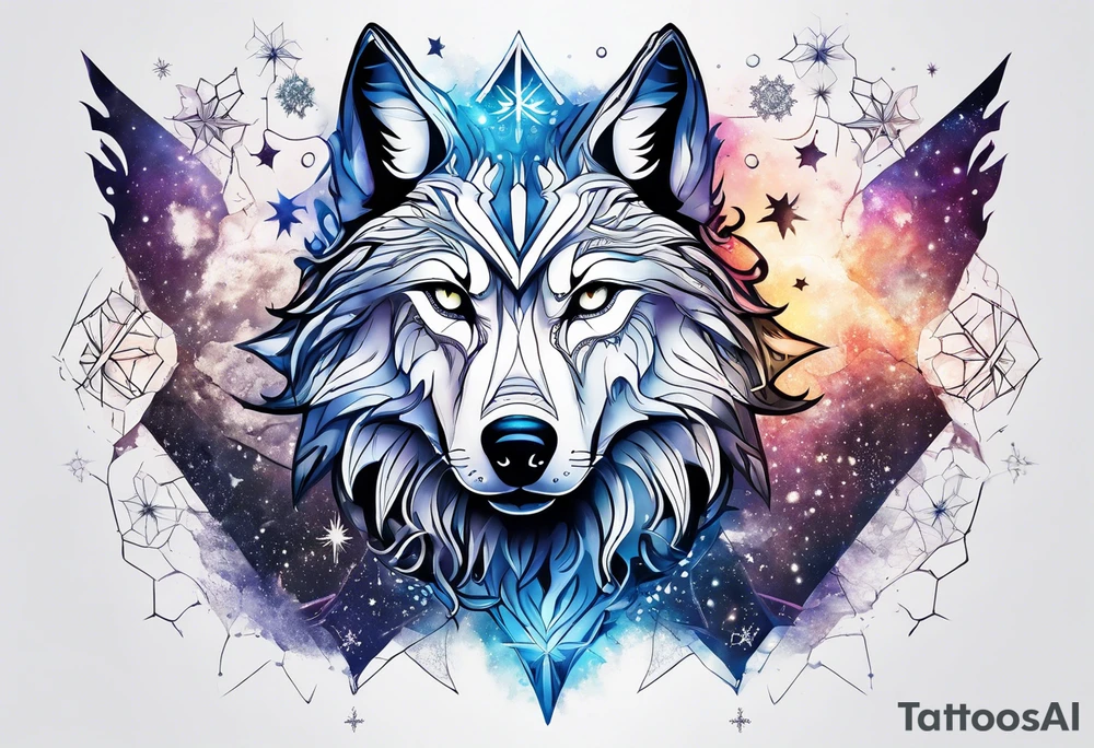 Constellation, two animal alien wolf, snowflake tattoo idea
